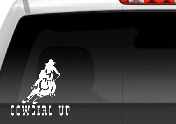 Car/Truck/HorseTrailer Decals 6x6 size Cowgirl Up Barrel Racer and Horse design.