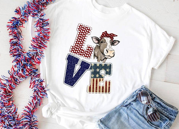 Cow Red, White and Blue LOVE, Patriotic Cow Lover shirt, Cow Lover shirt, Farm Lover shirt, Cow tee, I Love Cows shirt, Rancher t, Farmer t