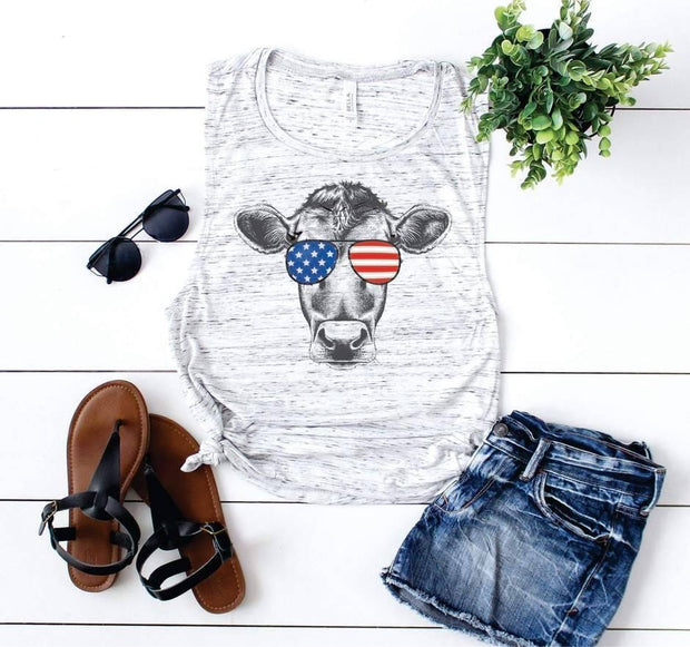 Patriotic Cow, Gift for Cow lover,  patriotic shirt, cow with sunglasses,  ladies cow patriotic tank top, USA cow,  patriotic cow head, cow,