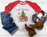 Christmas Most Wonderful Time Of the Year Snowman with Tree..  design raglan.