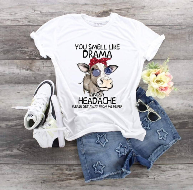 Cow You Smell Like Drama and a Headache Please Go Away From Me Heifer, Cow Red Bandana, Cow Sunglasses shirt, Ladies Cow Lover shirt, Cow