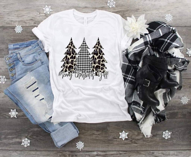 Merry Christmas Ya'll Plaid and Leopard Christmas Trees design t-shirt