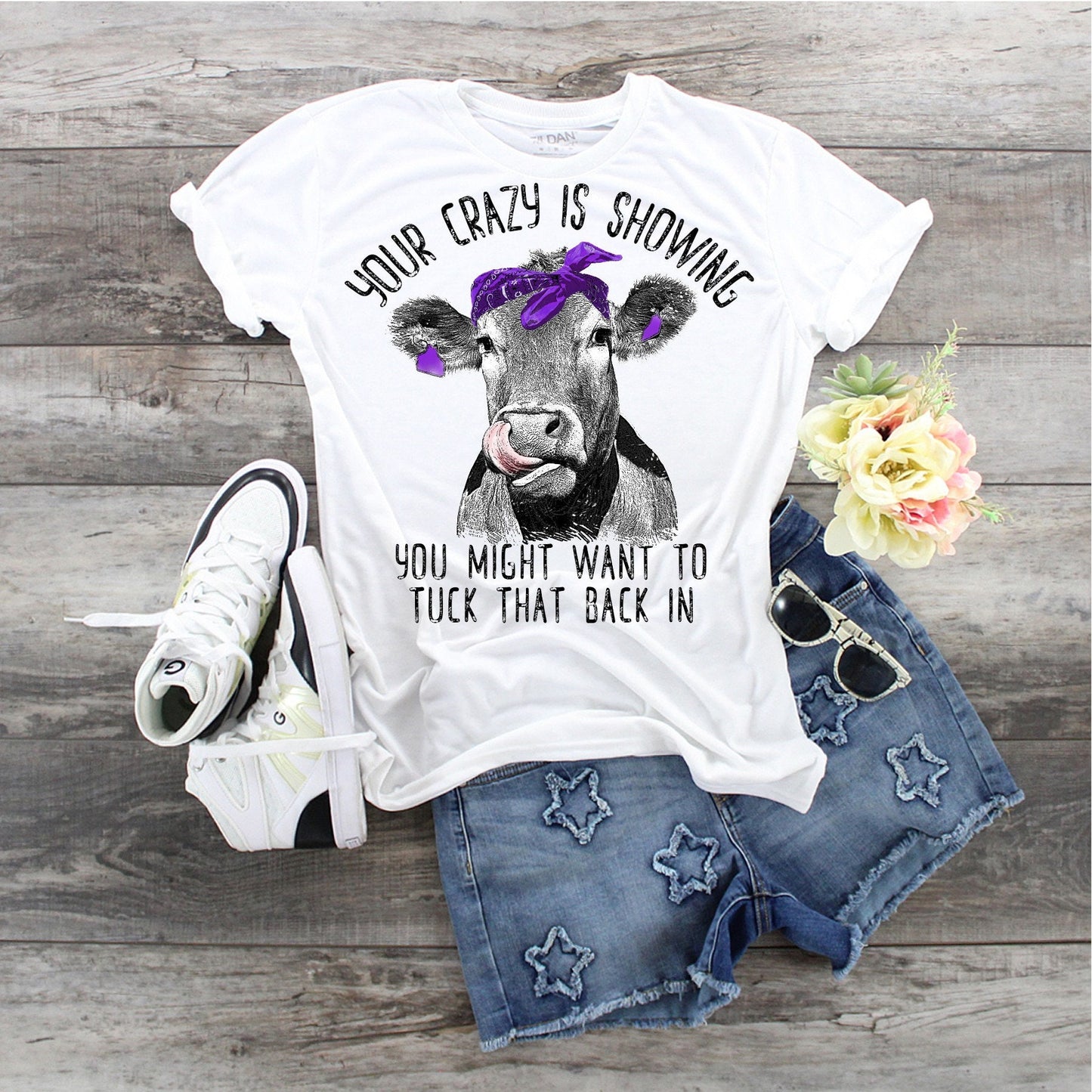 Cow Your Crazy Is Showing You Might Want To Tuck That Back, Cow with Purple Bandana, Ladies Crazy Cow shirt. Cow Lover shirts, Farm Lover,