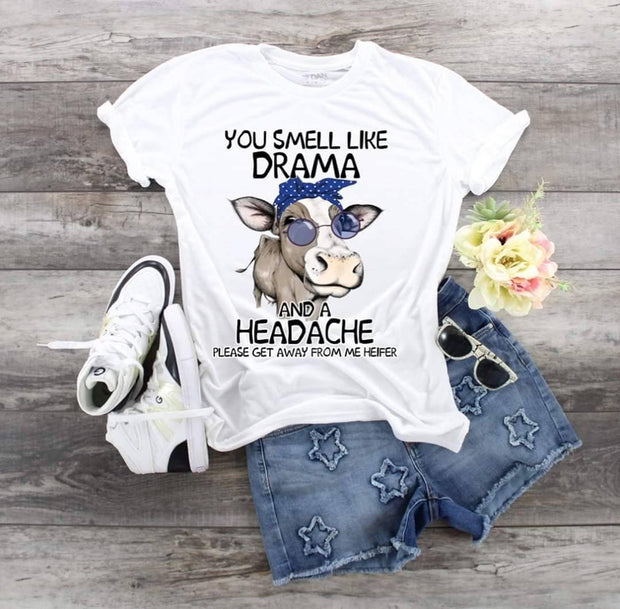 Cow You Smell Like Drama and a Headache Please Go Away From Me Heifer, Cow Blue Bandana, Cow Sunglasses shirt, Ladies Cow Lover shirt, Cow