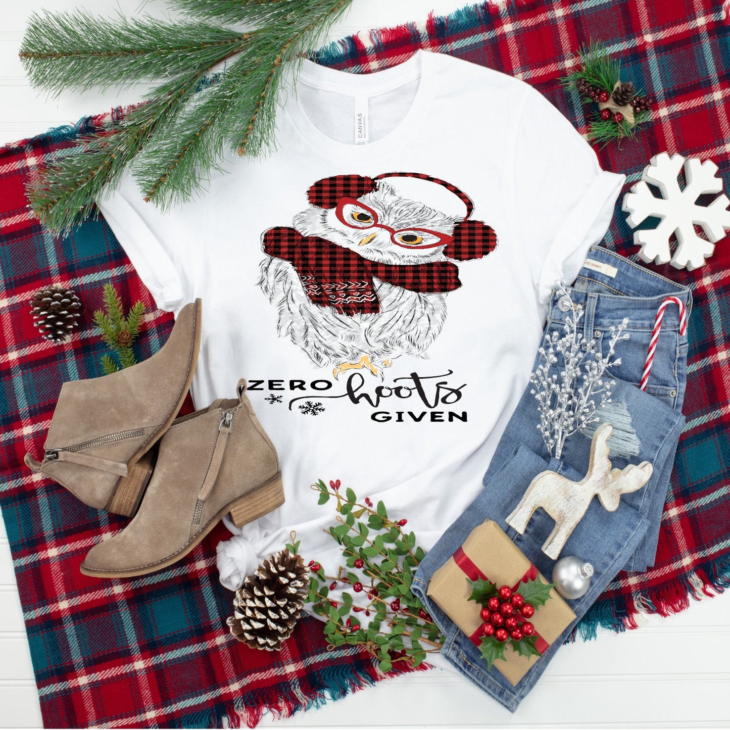 Zero Hoots Given Owl With Plaid Scarf and Ear Muffs design t-shirt