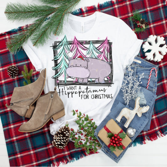 Christmas I Want A Pink Hippopotamus For Christmas design t-shirt