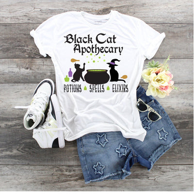 Black Cat Apothecary Potions Spells Elixirs design t-shirt