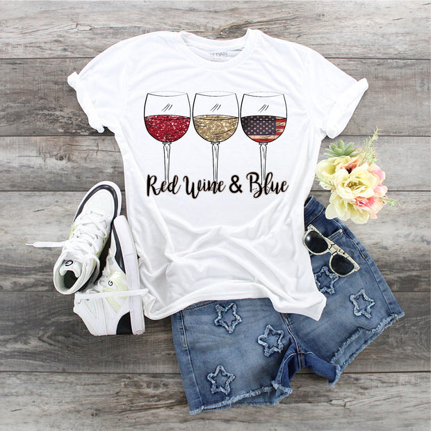 Red Wine & Blue, 4th of July wine, Red White Blue wine glasses,  Flag wine glasses, Patriotic Wine, Ladies red wine blue shirt, July 4th