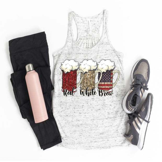 Patriotic 4th of July Red White & Brew  design Bella Canvas flowy tank.