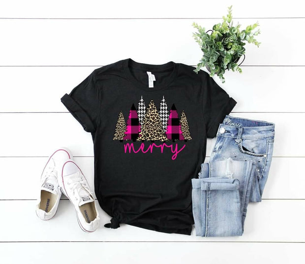 Merry Christmas Trees PINK plaid and Leopard.. tshirt