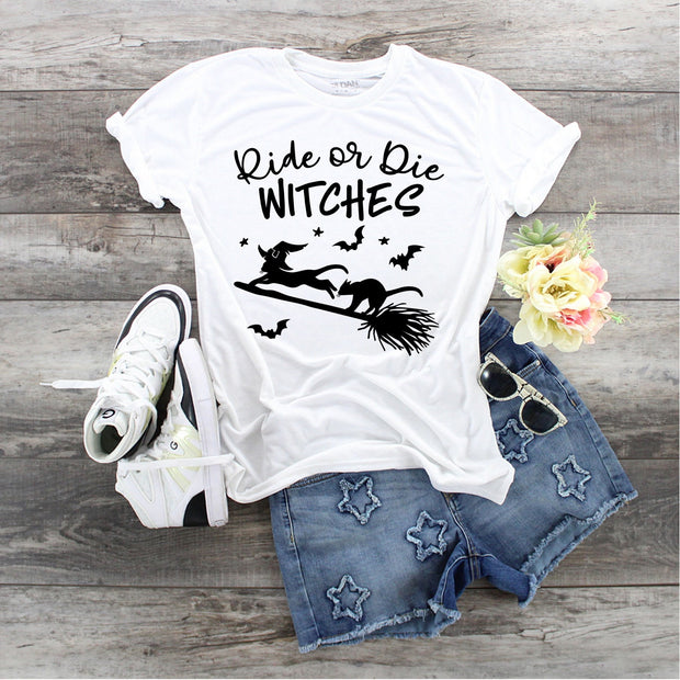Ride Or Die Witches, Witches Shirt, Cat Witches, Where My Witches At, Witch Cat and Broom tee, Cat Lover Shirt. Flying Cats, Ride or Die,