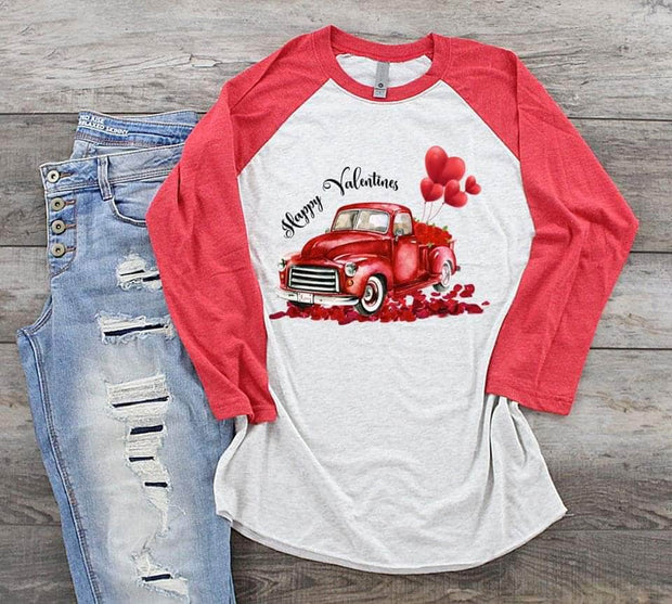 Happy Valentines Day, Red Truck Valentine, Red Truck design, Valentine Red Truck, raglan, 3/4 tee, Galentine Gift, Gift For Her, Retro Truck