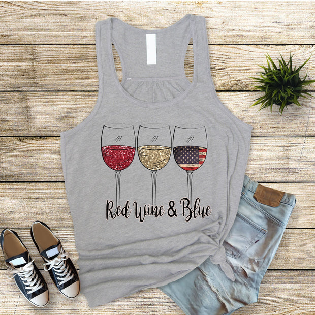 Red Wine and Blue Wine glass design on the Bella Canvas 8800 Flowy Tank. Patriotic Wine Glasses, Red Wine and Blue, 4th of July glasses