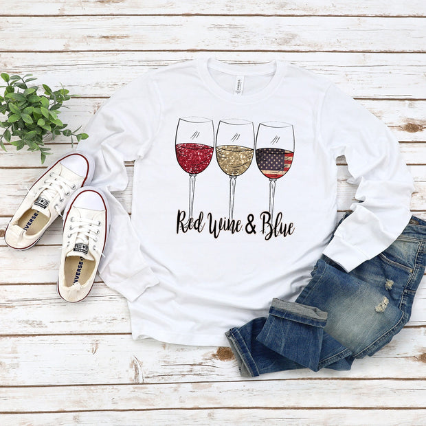 Long sleeve, Red Wine & Blue, 4th of July wine, Red White Blue wine glasses,  Flag wine glasses, Patriotic Wine, red wine blue shirt, July 4