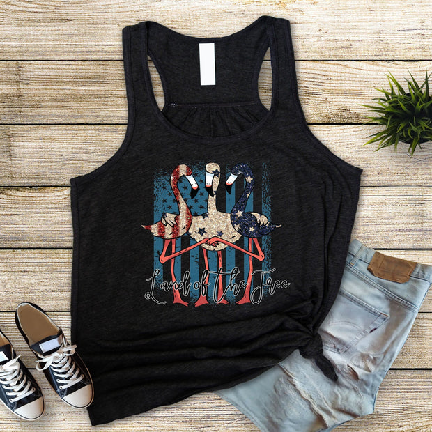 Red White Blue Land of the Free Flamingos, 4th of July Shirt,  4th of July Flamingos, Patriotic Flamingo, Bella Canvas 8800 Flowy Tank.