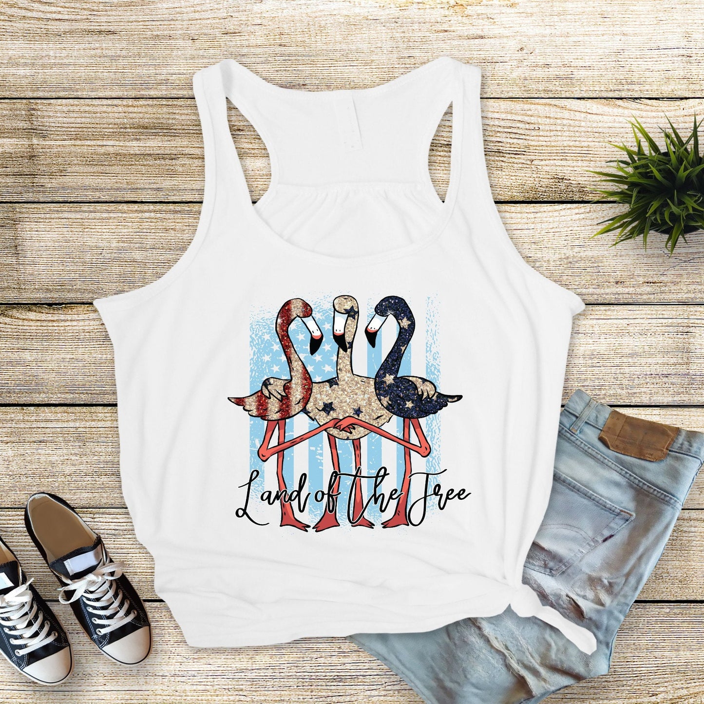Red White Blue Land of the Free Flamingos, 4th of July Shirt,  4th of July Flamingos, Patriotic Flamingo, Bella Canvas 8800 Flowy Tank.