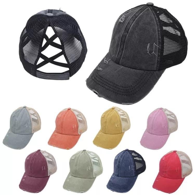 Ponytail hat, Criss Cross Ponytail Hat, Distressed Ladies Crisscross Ladder Back Hat, Trucker Hat, Womans Hat, Trucker Hat Blank, Womens Hat